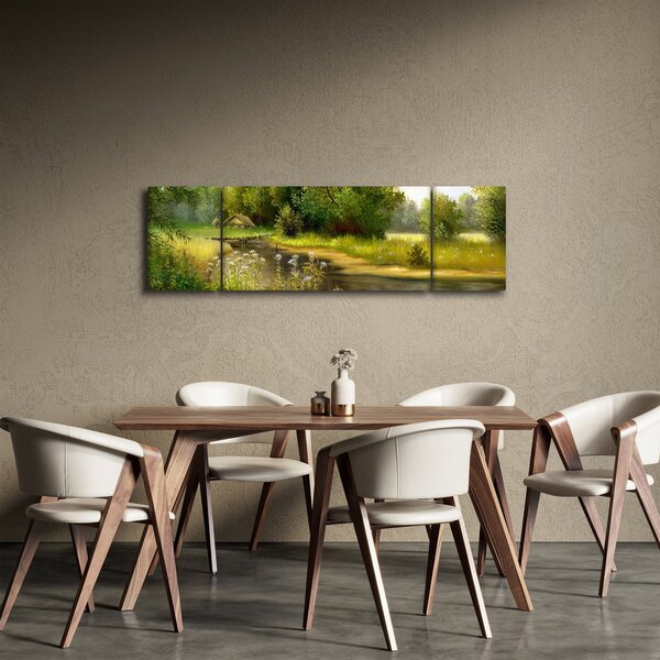 Obraz - Řeka u lesa, olejomalba (170x50 cm)