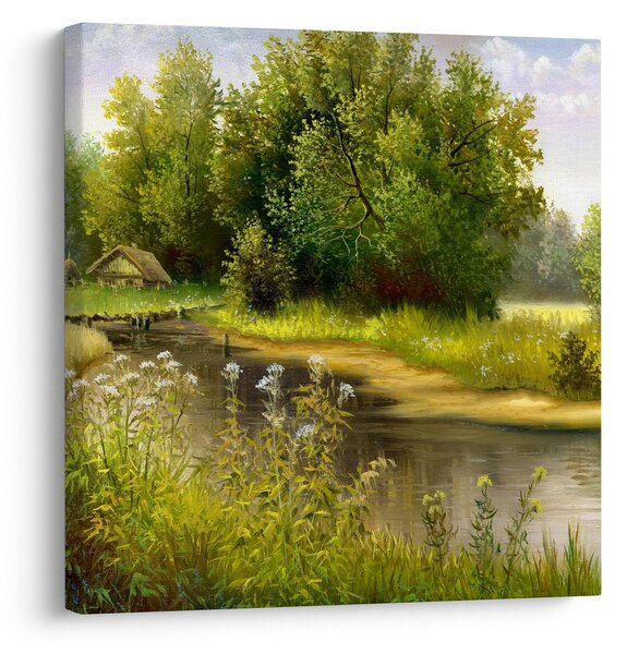 Obraz - Řeka u lesa, olejomalba (30x30 cm)
