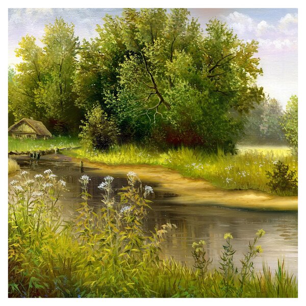 Obraz - Řeka u lesa, olejomalba (30x30 cm)