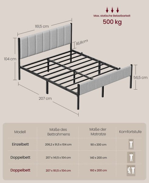 Kovová manželská postel 160 cm RMB975G01 šedá