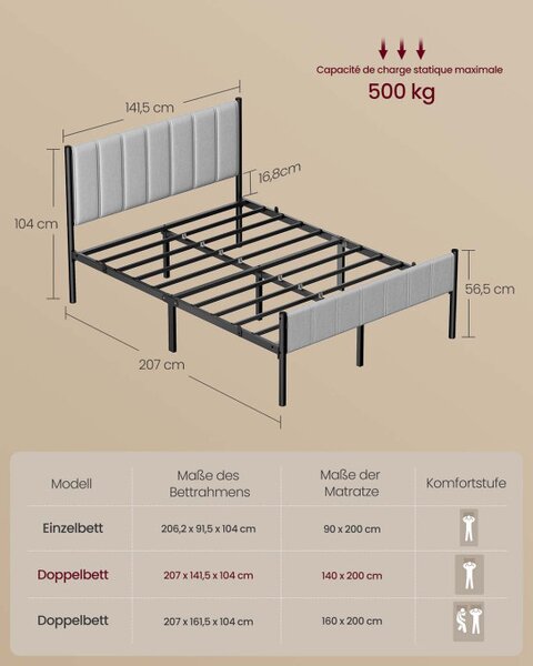 Kovová manželská postel 140 cm RMB974G01 šedá