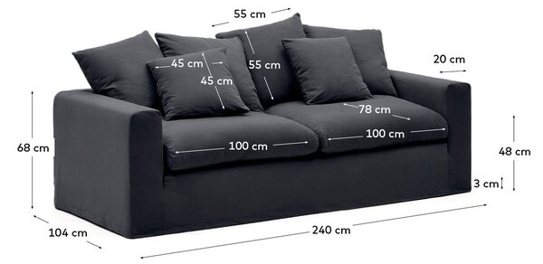 Antracitová lněná pohovka 240 cm Nora – Kave Home