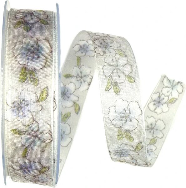 Stuha taftová WHITE FLOWERS bílá, transparentní 25mm x 20m (6,-Kč/m) AZ