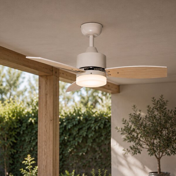 Venkovní stropní ventilátor bílý s dřevěným potiskem 91,3 cm vč. LED stmívatelný s dálkovým ovládáním IP44 - Toledo