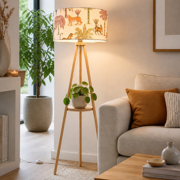 Dřevěná stojací lampa na trojnožce s vícebarevným stínidlem se zvířecím potiskem 50 cm - Lou