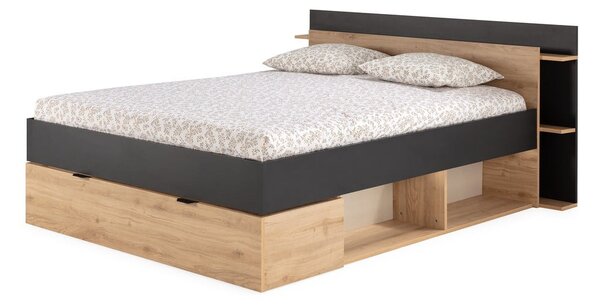 Dvoulůžková postel v dekoru dubu s úložným prostorem bez roštu v černo-přírodní barvě 160x200 cm Albo – Marckeric