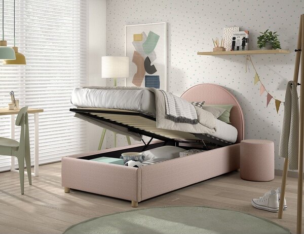 Růžová čalouněná jednolůžková postel s úložným prostorem s roštem 90x200 cm Moon – Vipack