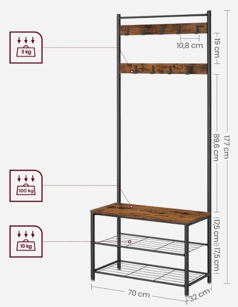 Předsíňový věšák s botníkem VASAGLE Herry hnědý