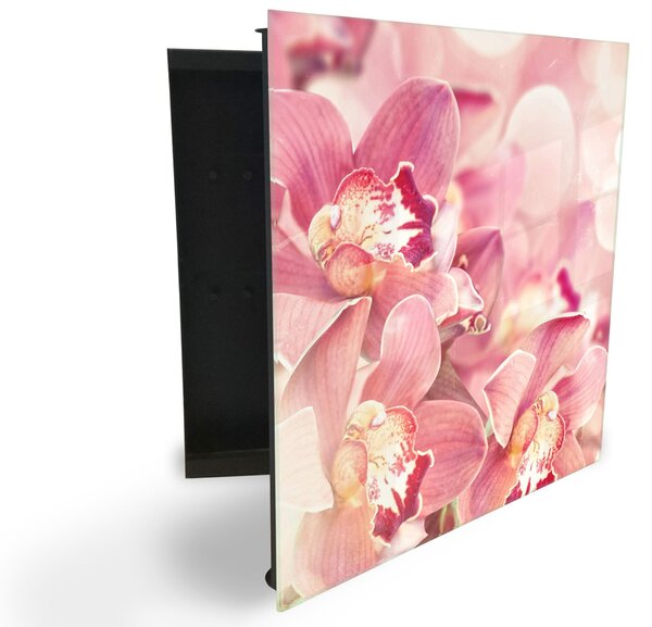 Glasdekor skříňka na klíče - detaily květy růžové orchideje - Pravé / Černá
