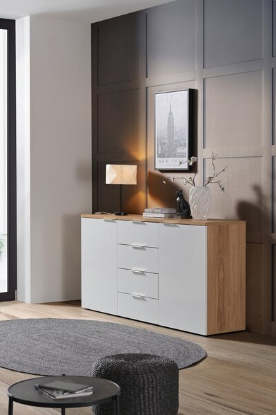 ŠIROKÁ KOMODA, barvy dubu, vysoce lesklá bílá, 180/89/43 cm Xora - Online Only komody, Online Only