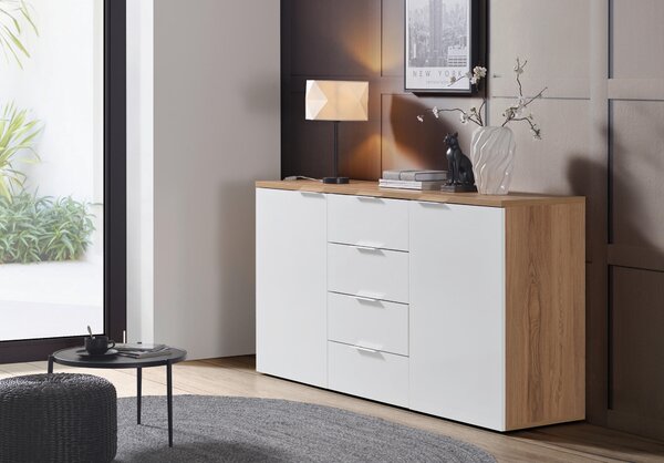 ŠIROKÁ KOMODA, barvy dubu, vysoce lesklá bílá, 180/89/43 cm Xora - Online Only komody, Online Only