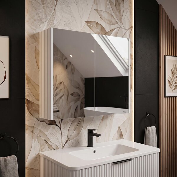 Rodan Zrcadlová Skříňka 80 cm - Šedá - Bílé Boční Panely - Závěsná - Bezúchytková - 2dveřová - ELEGANCE