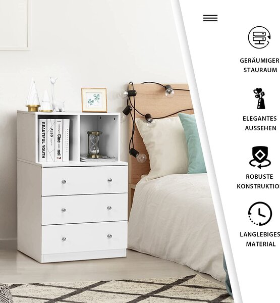 COSTWAY Komoda se 3 zásuvkami a 2 přihrádkami, dřevěný příborník s ochranou proti překlopení, úložná skříňka Zásuvková skříňka moderní do ložnice, předsíně a kanceláře, 60 x 40 x 94 cm (bílá)