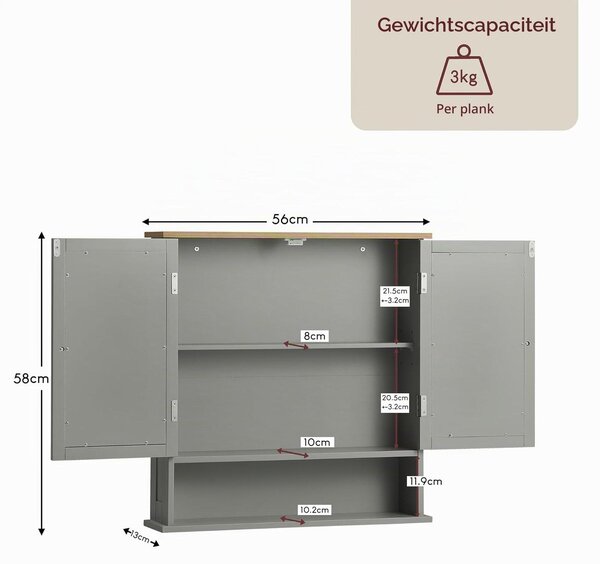 Koupelnová skříňka zrcadlová skříňka - Šedá a dub - 58 x 56 x 13 cm - Dvoje zrcadlové dveře - Montáž na stěnu