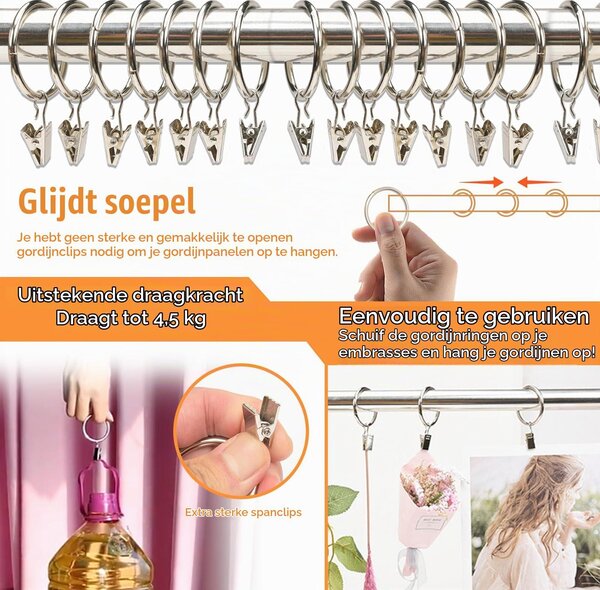 Kroužky na závěsy s klipy, 40 kusů, vnitřní průměr 32 mm, vhodné pro dveře, okna, sprchové závěsy