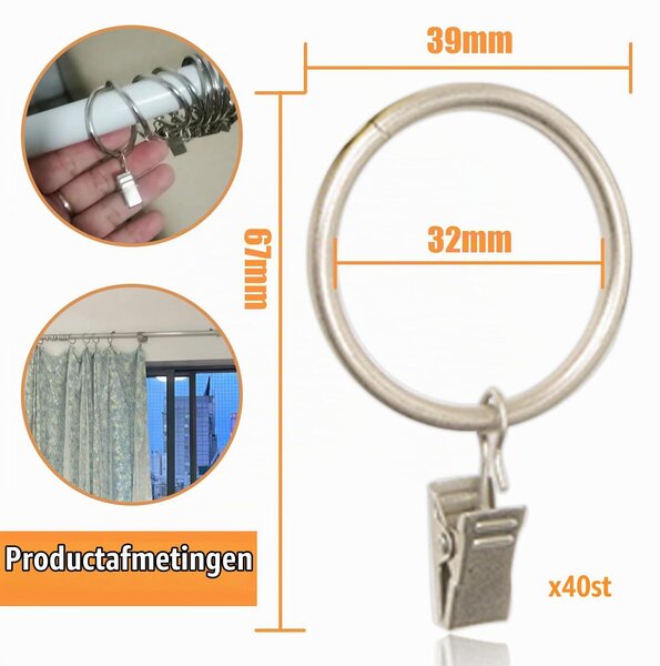 Kroužky na závěsy s klipy, 40 kusů, vnitřní průměr 32 mm, vhodné pro dveře, okna, sprchové závěsy