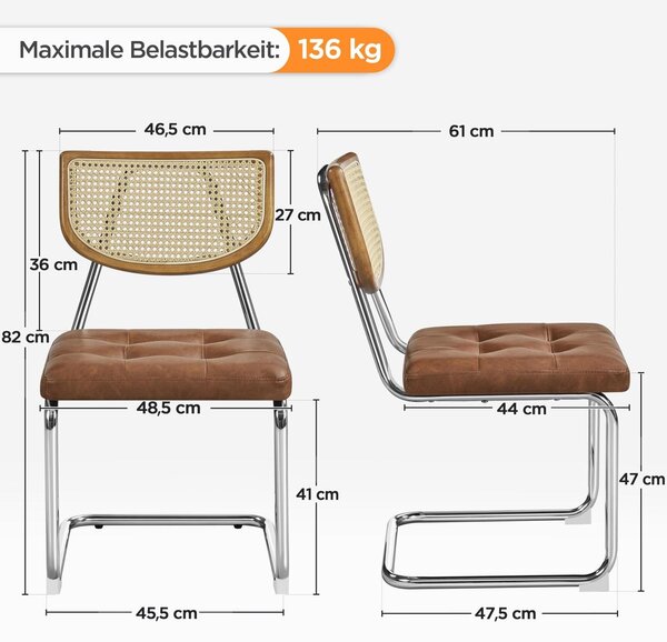 Jídelní židle - Sada 2 kusů - Ratanové opěradlo - Retro hnědá - Do jídelny a kuchyně