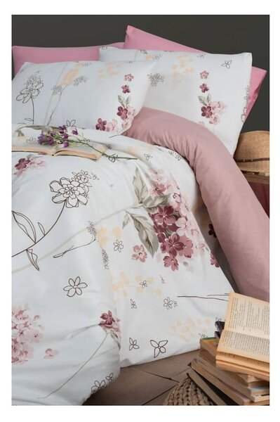 Bílo-růžové 3dílné prodloužené povlečení na jednolůžko s prostěradlem 160x220 cm Floral – Mila Home