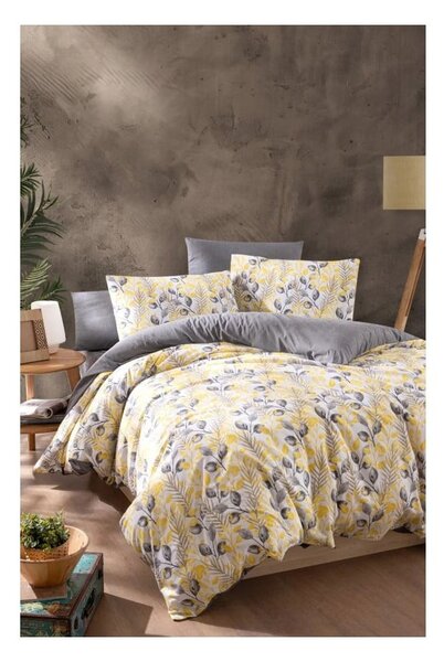 Žluto-šedé 4dílné prodloužené povlečení na dvoulůžko s prostěradlem 200x220 cm Leaves – Mila Home