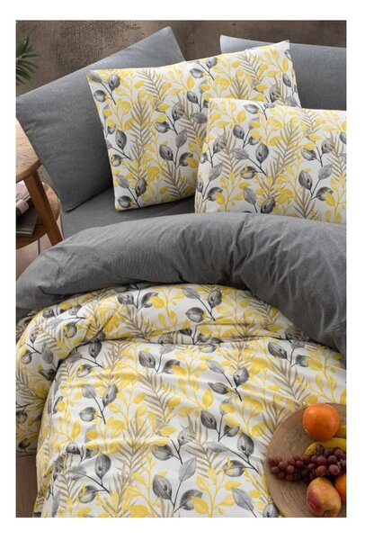 Žluto-šedé 4dílné prodloužené povlečení na dvoulůžko s prostěradlem 200x220 cm Leaves – Mila Home