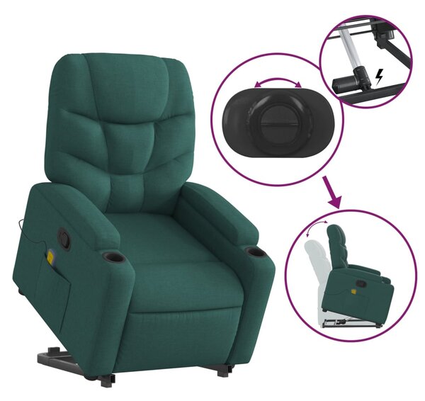Zvedací masážní polohovací křeslo tmavě zelené textil 3204614