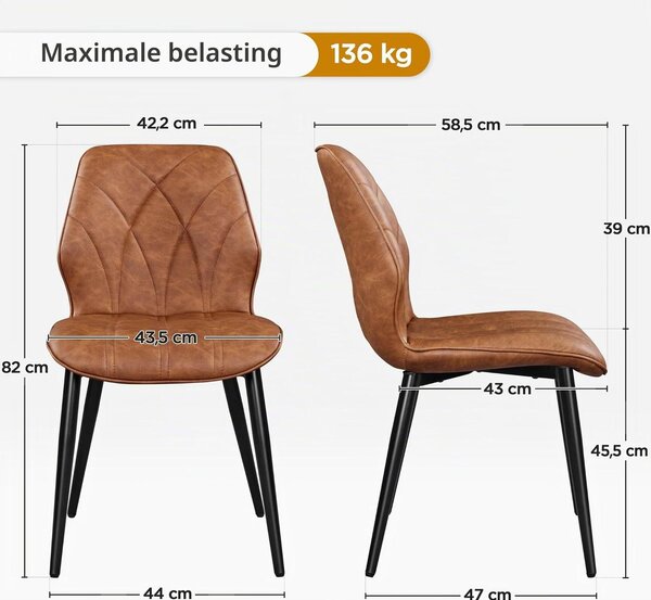 Jídelní židle set 2 ks - Umělá kůže hnědá - Čalouněná - Kovové nohy - Nosnost 136 kg