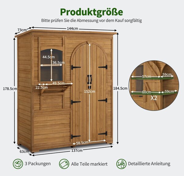 Zahradní domek dřevěný - Odolný proti počasí - Vstup pro průchod - 73 x 144 x 185 cm - Přírodní