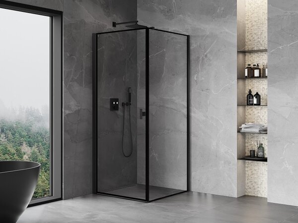 Mexen Mist-B, 1-křídlý ​​výklopný sprchový kout, pravý, 90 x 90 cm, čiré sklo-černý rám, 8A2T-090-090-70-70-P