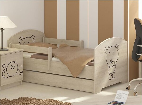 SKLADEM: Dětská postel s výřezem MÉĎA se šuplíkem - přírodní 140x70 cm + 1x krátká a 1x dlouhá zábrana