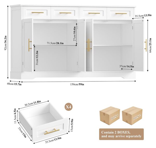 Kuchyňská skříňka komoda - Příborník - 150 cm - Bílá - S pracovní deskou a 4 zásuvkami