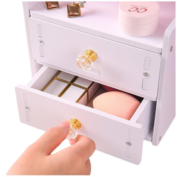 Mini toaletní stolek make-up zrcadlo dvě zásuvky uši dřevěné bílé