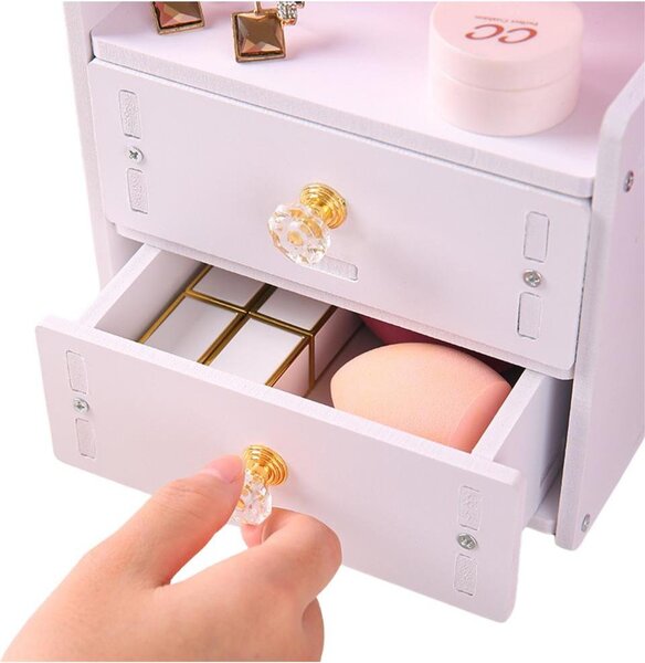 Mini toaletní stolek make-up zrcadlo dvě zásuvky uši dřevěné bílé