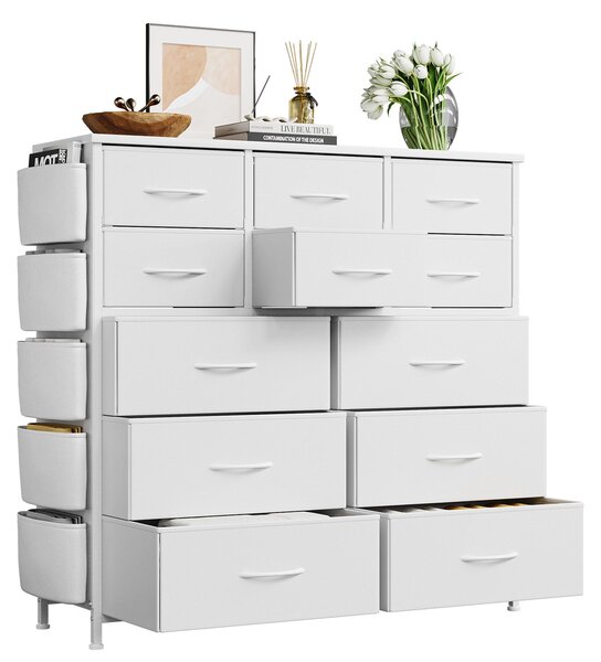 Komoda se 12 zásuvkami, rozměry 99x30x110 cm, textilní skříňka, organizér, bílá, umělá kůže PU