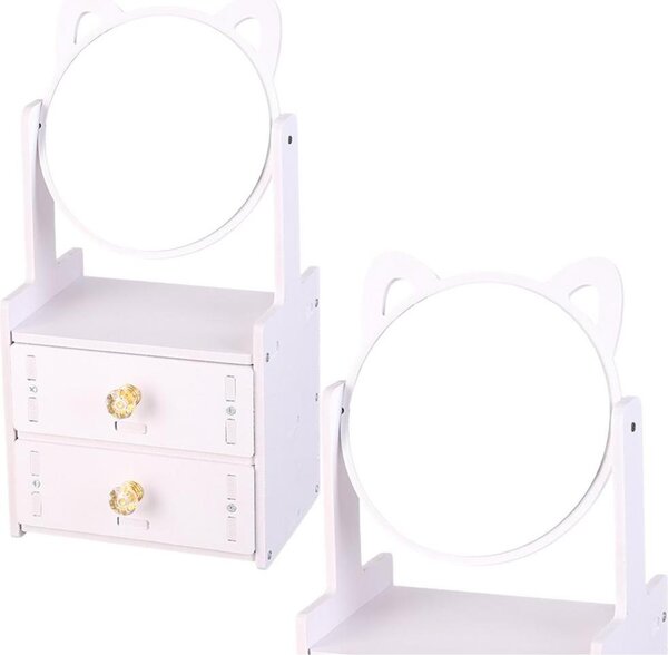 Mini toaletní stolek make-up zrcadlo dvě zásuvky uši dřevěné bílé