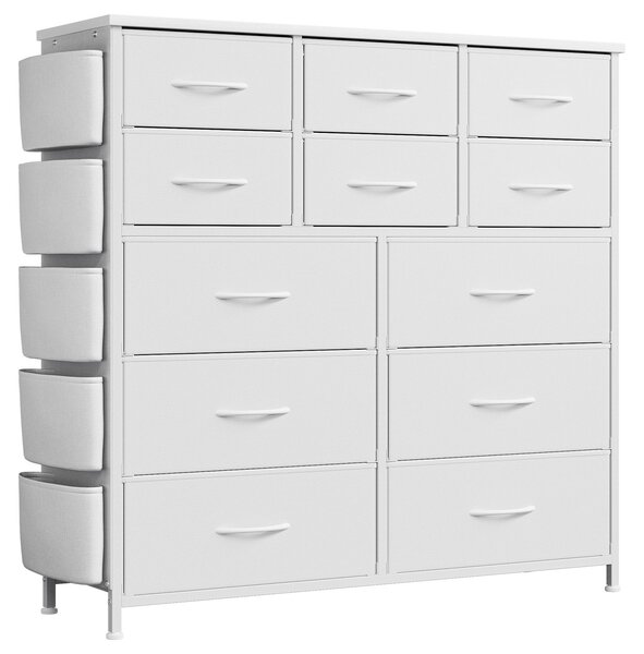 Komoda se 12 zásuvkami, rozměry 99x30x110 cm, textilní skříňka, organizér, bílá, umělá kůže PU