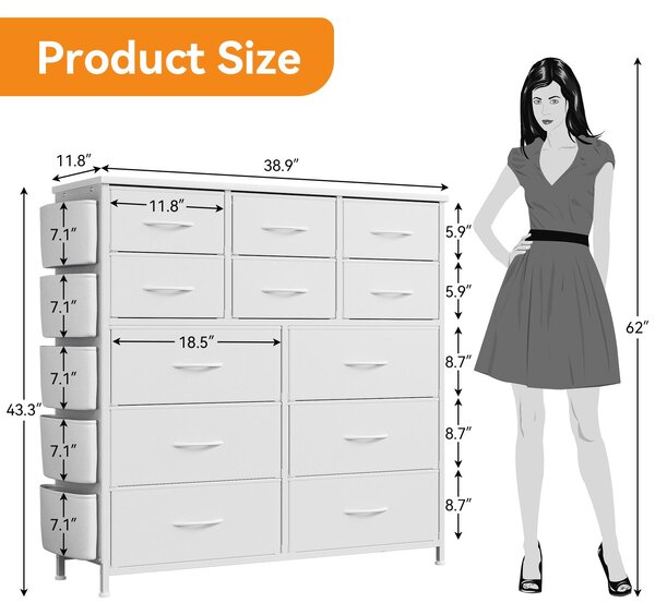 Komoda se 12 zásuvkami, rozměry 99x30x110 cm, textilní skříňka, organizér, bílá, umělá kůže PU