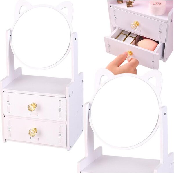 Mini toaletní stolek make-up zrcadlo dvě zásuvky uši dřevěné bílé
