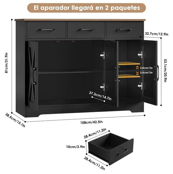 Kuchyňská skříňka komoda - 108 x 38,5 cm - 3 zásuvky - Černá a hnědá - Do kuchyně a obývacího pokoje