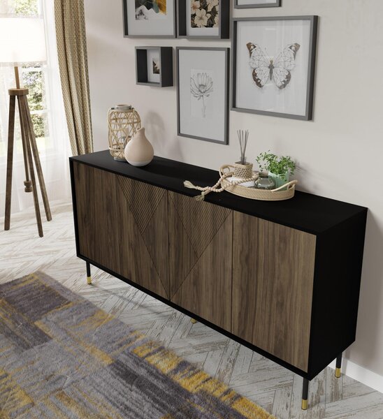 Komoda DŘEVO PACIFIC 4D 180 cm ČERNÝ MAT / OŘECH PACIFIC - frézovaná čela z MDF - příborník na nožičkách