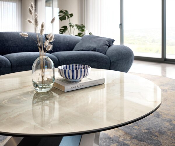 DELIFE Konferenční stolek Edge kulatý 100×100 cm keramika onyx champagne Parabi nerezová ocel broušená