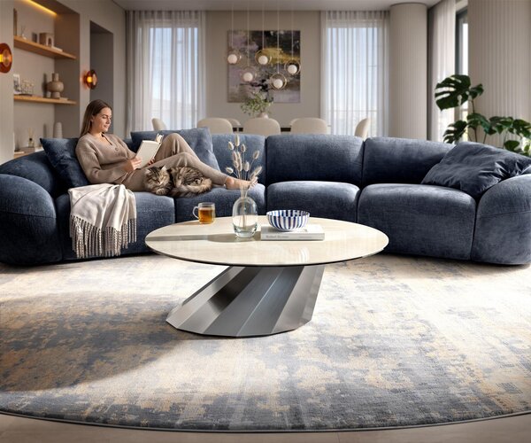 DELIFE Konferenční stolek Edge kulatý 100×100 cm keramika onyx champagne Parabi nerezová ocel broušená