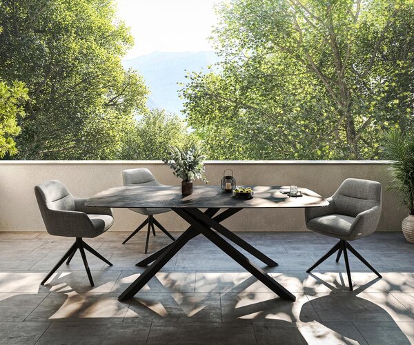 DELIFE Jídelní stůl Edge oválný tvar 200x100 cm keramika Laminam® Noir Desir hnědá křížová podnož černá