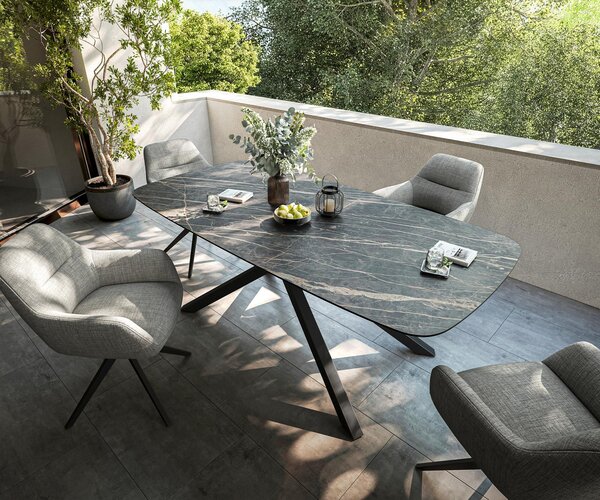 DELIFE Jídelní stůl Edge oválný tvar 200x100 cm keramika Laminam® Noir Desir hnědá křížová podnož černá