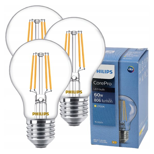 3x LED žárovka E27 7W 806lm 115lm/w 2700k s vláknem