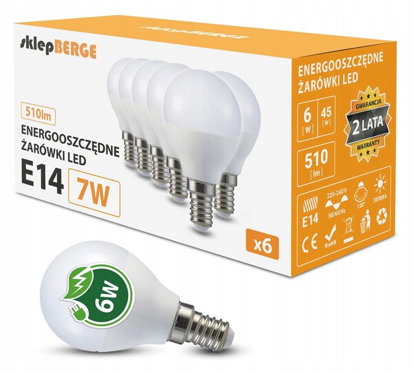 6x LED žárovka E14 g45 7W 620lm - studená bílá