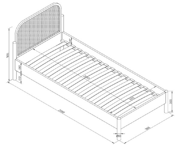 Vipack Dubová postel Olive 90 x 200 cm s ratanovým čelem