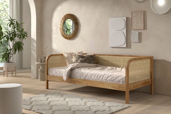 Vipack Dubová postel Olive 90 x 200 cm s ratanovou zábranou