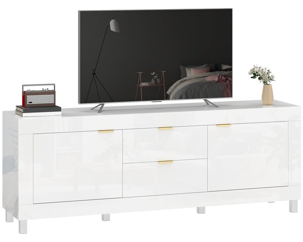 HOMCOM nízký TV stolek pro TV až do 75" – 180 × 40 × 66 cm, bílý vysoký lesk, 2 dvířka s tlumeným dovřením, kabelové vedení a 2 zásuvky | Aosom