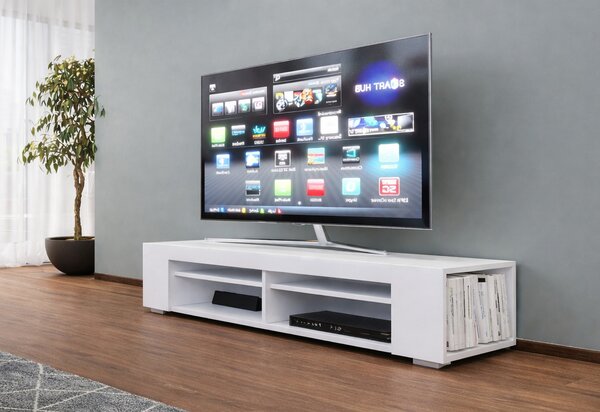 TV stolek/skříňka Newy (bílá + bílý lesk). Akce -11%