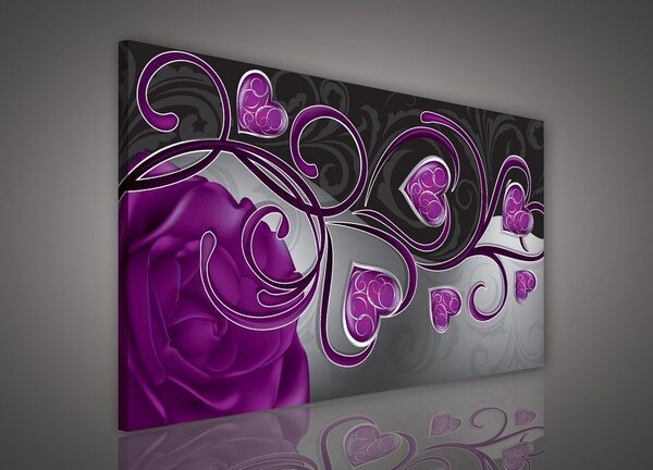 Obraz na plátně: Srdíčka a růže (fialové) - 75x100 cm